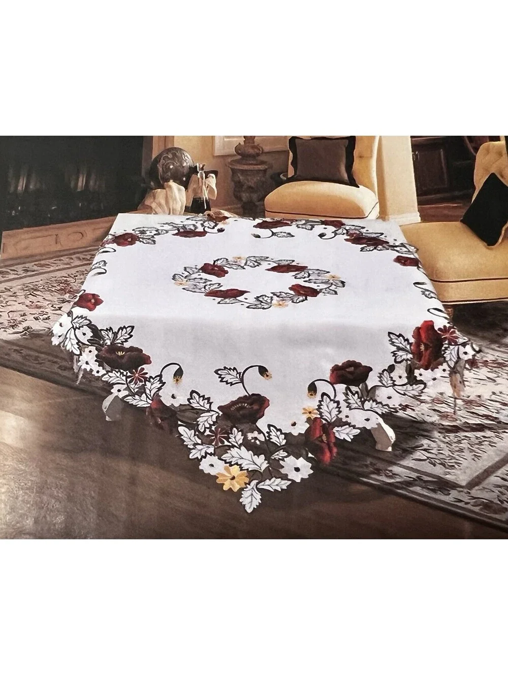 NEW Embroidered Cutout floral 35”square tablecloth Ivory red green Cottagecore